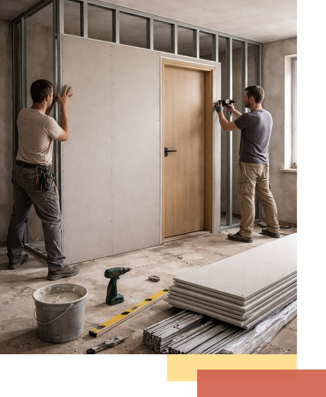 Перегородка из гипсокартона с дверью под ключ в Владивостоке